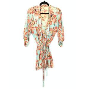 Vintage Womens One Size Aqua Blue Floral Kimono Robe Jacket Tassel Tie Belt